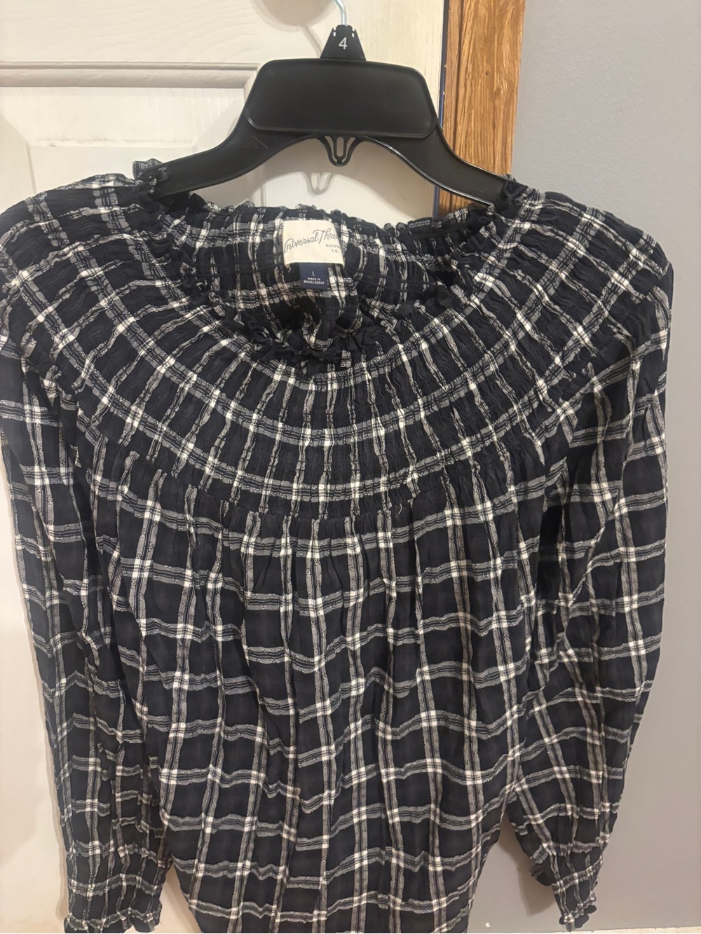 Universal Thread Black & White Plaid Smocked Neck Blouse